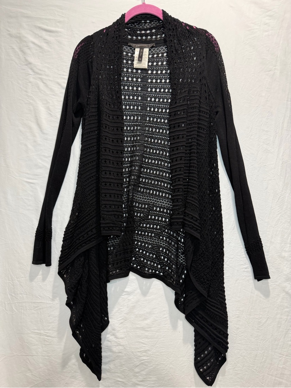 BCBGMaxAzria Black Open-Front Crochet Drape Cardigan